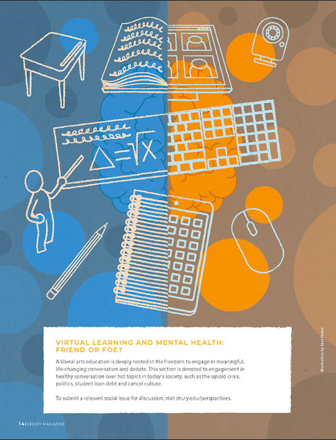 Illustrated magazine spread of contrasting blue and orange technology learning made for Drury's alumni publication.